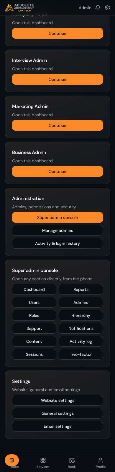 Phone app admin screen showing the super admin console shortcut buttons