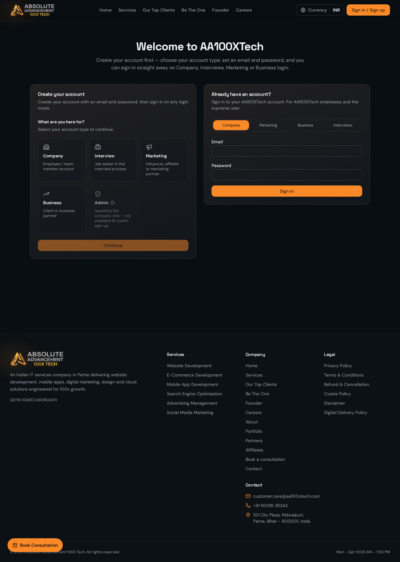 AA100XTech sign-in page with email and password fields