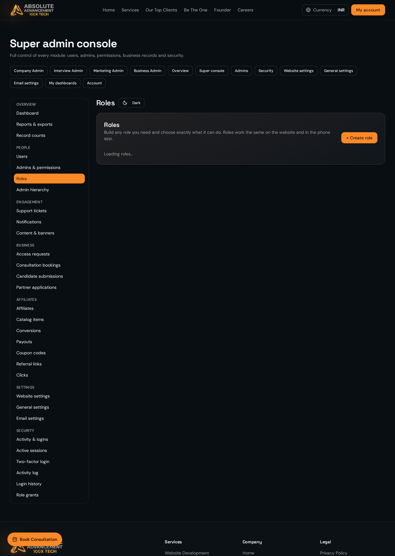Roles page with permission checkboxes and select all option